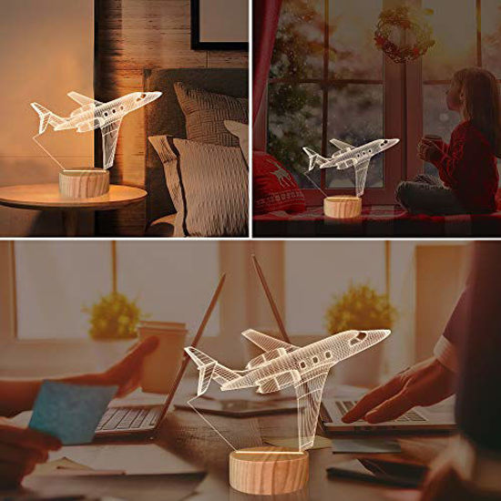 Picture of N / A Airplane Night Light 3D Illusion Lamp,Soft Warm Colors Wood Table Lamp for Boys Pilot Gifts with USB Power