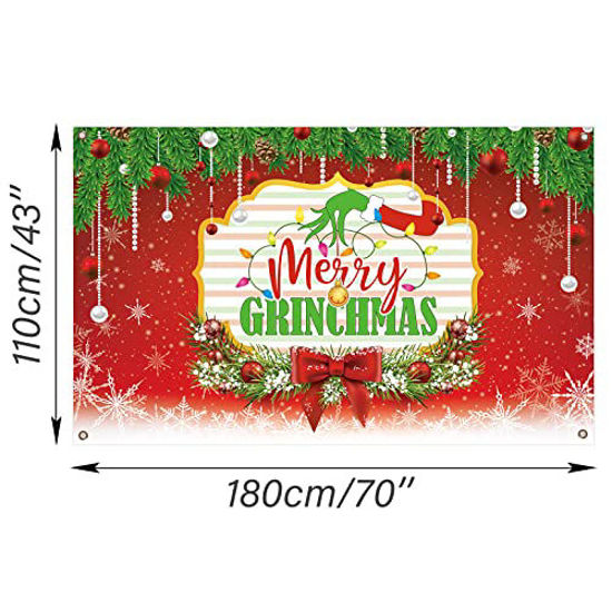 Picture of Christmas Party Decorations Merry Grinchmas Backdrop for Holiday Large XMAS Backgroud Banner for Indoor Outdoor Grinchmas Christmas Party Decorations Supplies