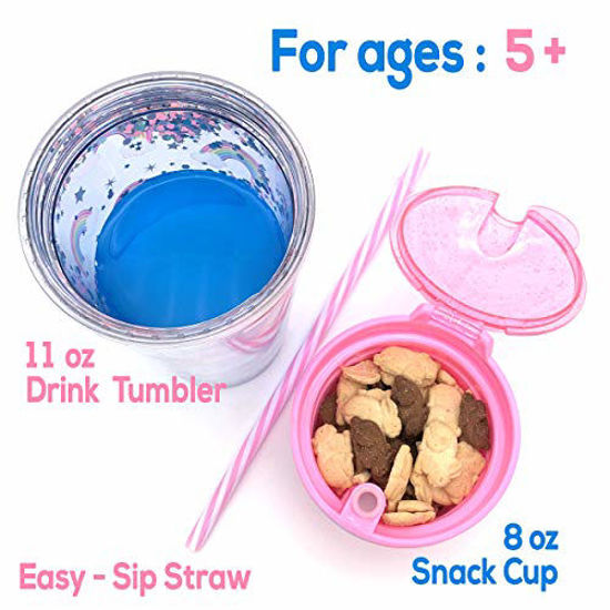 Picture of Snack and Drink Cup, Rainbow Theme, Kid's Combo All-in-One Tumbler for On-The-Go, Bonus Sheet of Fun Unicorn and Caticorn Stickers, Straw Included, Pink