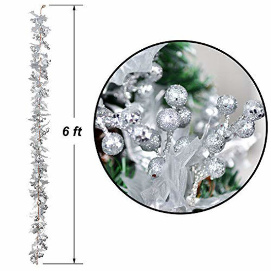 Picture of Lvydec Artificial Berry Garland Christmas Decoration - 6ft Silver Garland with Glitter Berries and Holly Leaves for Holiday Fireplace Mantel Table Decorations