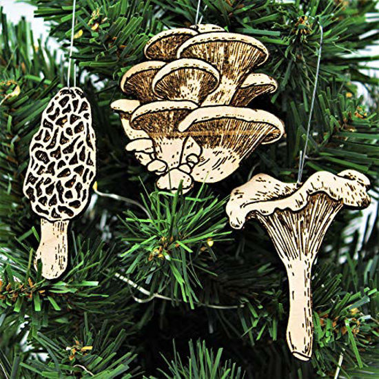 Picture of Mushroom Christmas Ornament Pack | Morel, Oyster, and Chanterelle Mushrooms Set of 3 Wood Handmade Holiday Decorations