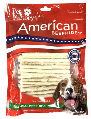 Picture of Pet Factory American Beefhide Chews 28109 Rawhide Natural Flavor 5" Twist Sticks for Dogs. American Beefhide is a Great Source for Protein and Assists in Dental Health. 1 Pound, Resealable Package