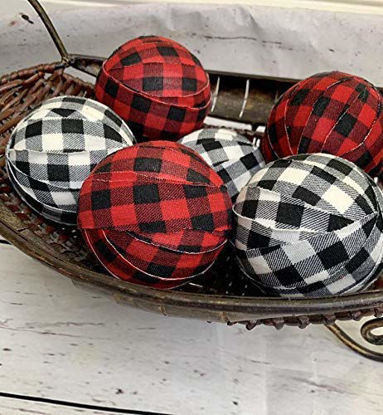 Picture of 2.5" Red white black buffalo check plaid farmhouse fabric wrapped balls bowl filler set