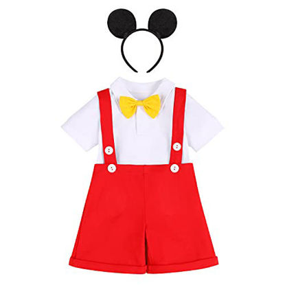 Picture of Gentleman First Birthday Cake Smash Outfits for Baby Boys Formal Suit Romper+Bow Tie+Suspenders Overalls Bib Pants Mouse Ears Halloween Fancy Dress Clothing Set White-Red buttons 12-18 Months