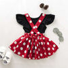 Picture of IBTOM CASTLE Toddlers Infant Newborn Baby Girls Cotton Pleated Polka Dots Buttons Suspender Skirt Cake Smash 2pcs Outfit X-Back Red(2PCS) 12-18 Months