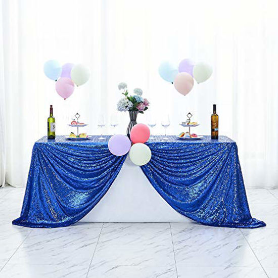 Picture of Hahuho 50x80 inch Rectangular Sequin Tablecloth Royal Blue, Glitter Tablecloth for Bridal Shower Decorations, Birthday, Wedding, Dessert, Banquet50x80 Inch, Royal Blue