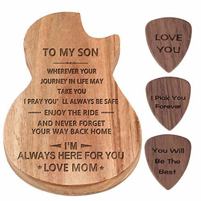 Picture of Custom Guitar Pick For Son From Mom ,Guitar Shaped Guitar Pick Box, Personalized Wood Guitar Picks Box,Engraved Wooden Guitar Pick Box Holder Collector With 3pcs Wood Picks. (To Son From Mom)