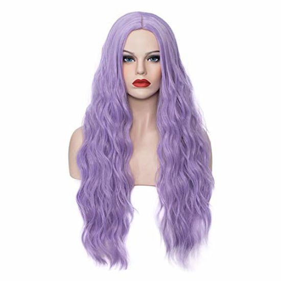 Picture of WGPFWIG Women's Pastel Purple Wig 27 Inches Long Curly Wavy Hair Wig Heat Resistant Fibers Synthetic Wig For Women Girl Cosplay Party Halloween Wig Cap Included (Pastel Purple)