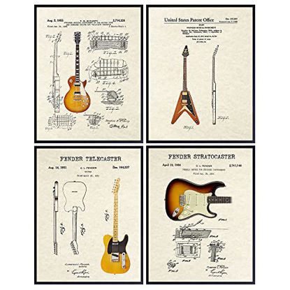 Picture of Guitars Patent Print Set - Includes Famous Fender Stratocaster, Telecaster, Gift for Musician, Guitar Player - Vintage Iconic Wall Art Posters - Bedroom, Living Room Home Decor - 4-8x10 - Unframed