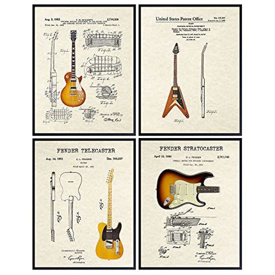 Picture of Guitars Patent Print Set - Includes Famous Fender Stratocaster, Telecaster, Gift for Musician, Guitar Player - Vintage Iconic Wall Art Posters - Bedroom, Living Room Home Decor - 4-8x10 - Unframed