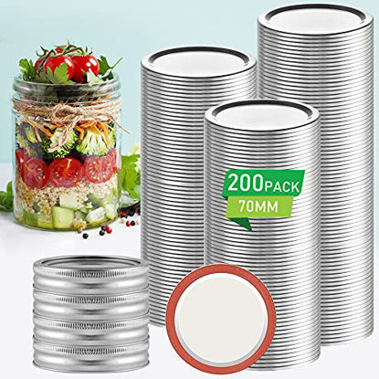 Picture of Canning Lids 200 PCS Mason Canning Jar Lids Regular Mouth Reusable Leak Proof Split-Type Lids Silver Jar Secure Caps and Bands with Silicone Seals Ring Food Grade Material Safe and Anti-Rust Canning Flats Fit & Airtight for Food Storage (2.76 Inches/70MM)