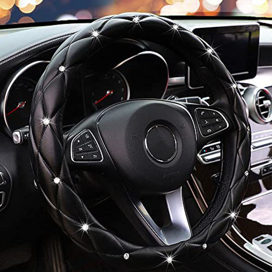 Picture of YOGURTCK Diamond Leather Steering Wheel Cover with Bling Bling Crystal Rhinestones, Universal 15 Inch for Women Girls, Fit Vehicles, Sedans, SUVs, Vans, Trucks - Black