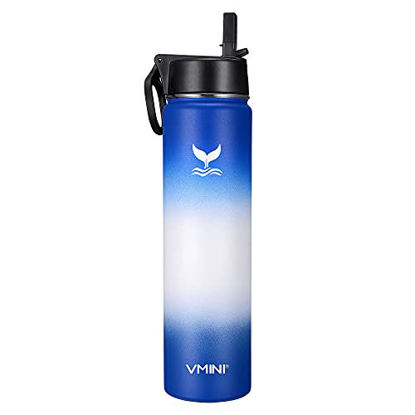 Picture of Vmini Water Bottle with Straw, Wide Rotating Handle Straw Lid, Wide Mouth Vacuum Insulated Stainless Steel Water Bottle, Gradient Blue+White+Blue, 24 oz