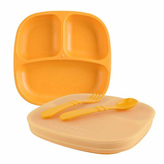 Picture of RE-PLAY Made in USA - Sunny Yellow 5 Piece Toddler Feeding Set includes 2 Divided Plates, Silicone Storage Lid, Utensils - Made from BPA Free Eco-Friendly Recycled Milk Jugs - Virtually Indestructible