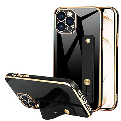 Picture of TEAUGHT for iPhone 13 Pro Case 6.1 Inch Soft TPU Black Plating with Adjustable Wristband Kickstand Scratch Resistant Shock Absorption Anti-Fall Camera Protective Slim Thin Electroplating Phone Cover