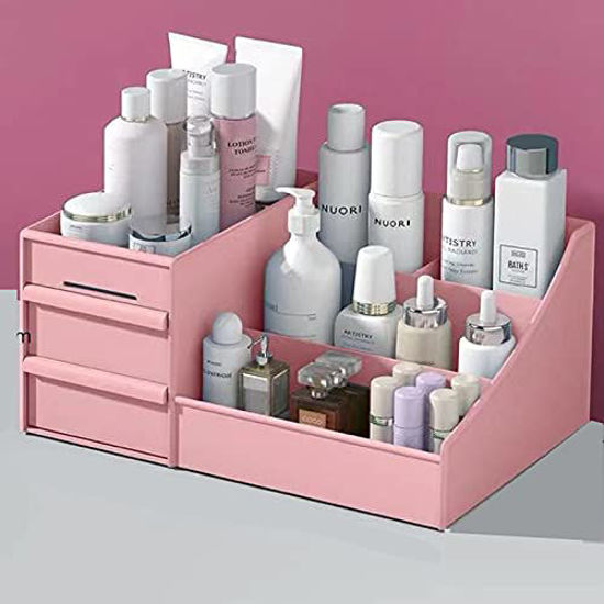 Picture of skin care organizer,Makeup Desk Organizer With Drawers,Countertop Organizer for Cosmetics,Vanity brush with Holder for Lipstick, Brushes, Eyeshadow, and Jewelry Desktop Finishing Dresser (Pink)