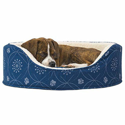 Picture of Furhaven Pet Dog Bed - Round Oval Cuddler Paw Print Décor Flannel Nest Lounger Pet Bed for Dogs & Cats, Twilight Blue, Small