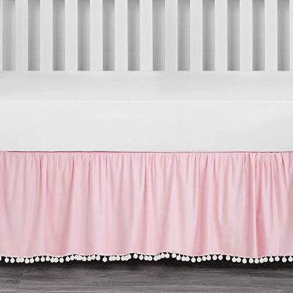 Picture of TILLYOU Ruffled Crib Skirt with Pompoms, Microfiber Nursery Crib Toddler Bedding Skirts for Baby Boys Girls, 14'' Drop, Pink