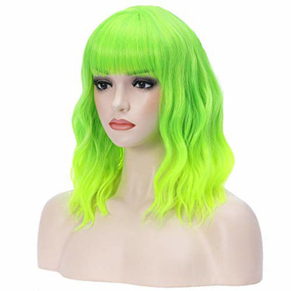 Picture of BERON 14 Inches Green Wig Short Curly Wig with Bangs Synthetic Wigs Women Girls Ombre Green Wig with Wig Cap