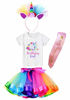 Picture of Girls Layered Tutu Skirt with Unicorn Tshirt, Headband & Satin Sash (Rainbow Unicorn Flower, 9-10 Years)