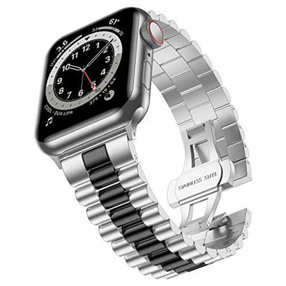 Picture of baozai Compatible with Apple Watch Band 45mm 44mm 42mm, iWatch SE& Series 7 6 5 4 3 Stainless Steel Strap with Butterfly Folding Clasp for Men, 3Rows-Silver/Black, 45mm/44mm/42mm