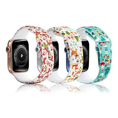 Picture of Blingbrione Compatible Apple Watch Band Christmas Women 3 Packs 42mm/44mm/45mm,Soft Silicone Santa Snowflake Snowman elk Printed Wristband Strap for iphone Watch Series 7 6 5 4 3 2 1 SE 3 Pcs-Blue Pink White