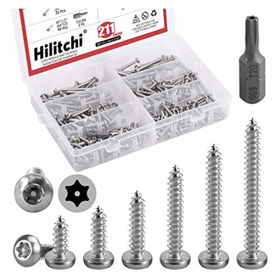 Picture of Hilitchi 210 Pcs #8 Stainless Steel Button Head Torx Sheet Metal Screws Silver Security Anti-Theft Tamper Proof Screws Assortment Kit with Screwdriver Bit T20 (#8 x 1/2" ~ #8 x 1-1/2")