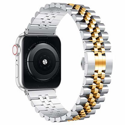 Picture of Wolait Compatible with Apple Watch Band 45mm 44mm 42mm 41mm 40mm 38mm, Stainless Steel Heavy Band with Butterfly Folding Clasp Link Bracelet for iWatch Series7/6/SESeries 5/4/3/Men Women Silver/Gold, 45mm/44mm/42mm