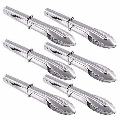 Picture of HINMAY Mini Stainless Steel Food Tongs with Silding Rings 7-Inch - Set of 6 - Small Clam Shell Service Tongs for Serving Appetizers, Desserts, Salads, Barbecue and Cooking (Silver)