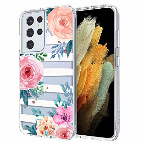 Picture of for Samsung S21 Ultra Case, for Samsung Galaxy S21 Ultra 5G Case, MOSNOVO Clear Slim Soft TPU + PC Cover Case with Women Girl Blossom Stripes Floral Flower Design Case for Galaxy S21 Ultra