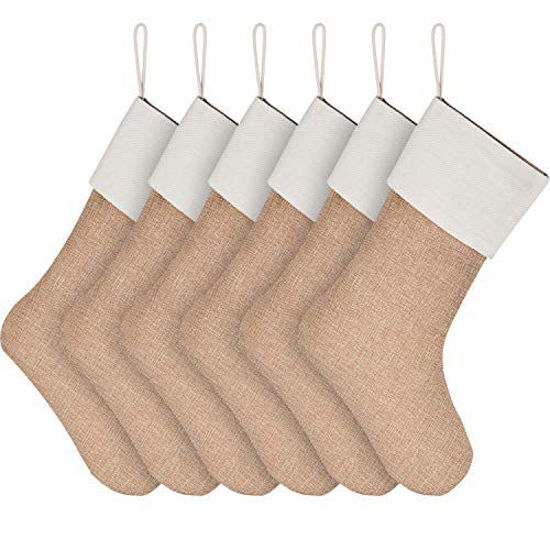 Picture of Sunshane Burlap Christmas Stockings Xmas Fireplace Hanging Stockings Decoration Stockings for Christmas Decoration DIY Craft (Flaxen, 6)