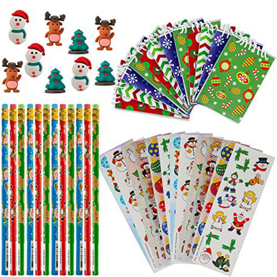 Picture of Favonir Christmas Stationary Party Favor Collection 48 Set - Pencils - Notebooks - Assorted Novelty Stickers - 3D Rubber Xmas Character Erasers - Reward Prizes, Carnival Events