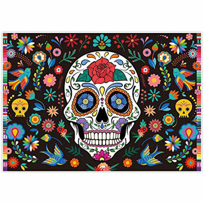 Picture of Allenjoy 7x5ft Day of The Dead Backdrop for Mexican Fiesta Sugar Skull Flowers Photography Background Dia DE Los Muertos Birthday Party Supplies Fiesta Banner Table Decor Decoration Photo Booth Studio