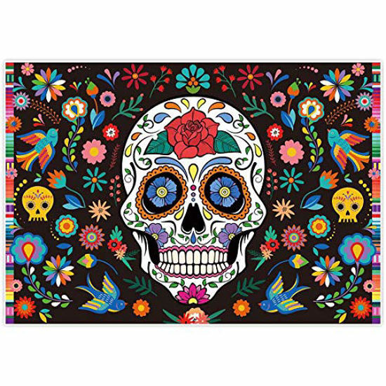 Picture of Allenjoy 7x5ft Day of The Dead Backdrop for Mexican Fiesta Sugar Skull Flowers Photography Background Dia DE Los Muertos Birthday Party Supplies Fiesta Banner Table Decor Decoration Photo Booth Studio