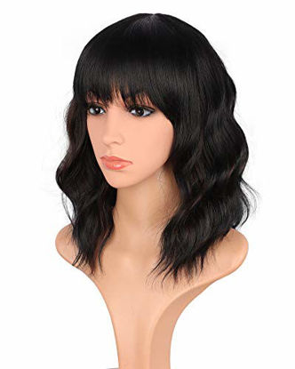 Picture of 14 inch Shoulder length wavy wigs with bangs for black women natural looking short curly synthetic hair wigs heat resistant (Black mix Brown-02)