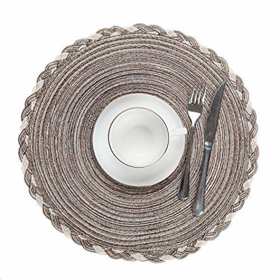 Picture of SHACOS Round Placemats Set of 6 Braided Glitter Round Table Placemats 15 inch for Wedding Holiday Party (Multicolor - Light Coffee, 6)