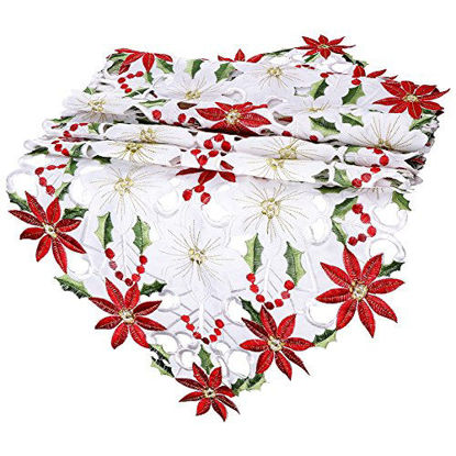 Picture of OurWarm Christmas Embroidered Table Runners Poinsettia Holly Leaf Table Linens for Christmas Decorations 15 x 69 Inch