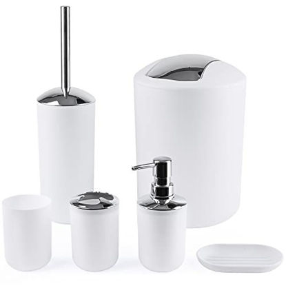 Picture of Papillon Bathroom Accessories Set-6 Piece Plastic Gift Set Toothbrush Holder,Toothbrush Cup,Soap Dispenser,Soap Dish,Toilet Brush Holder,Trash Can,Tumbler Straw Set Bathroom (White)