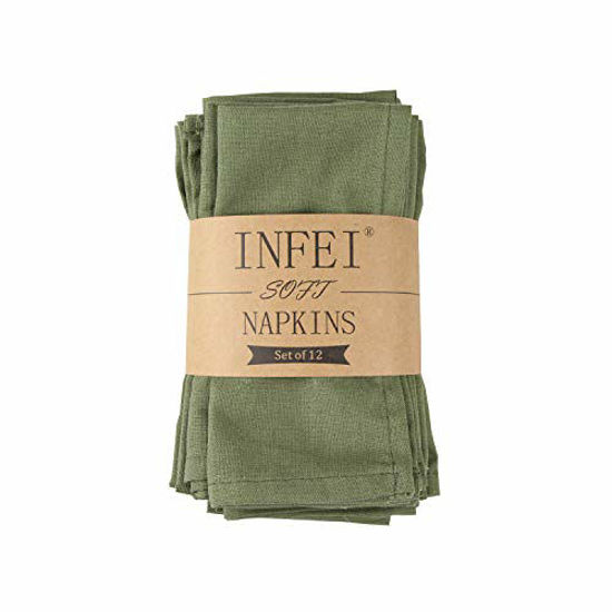 Picture of INFEI Soft Solid Color Linen Cotton Dinner Napkins - Pack of 12 (40 x 40 cm) - For Events & Home Use (Army Green)