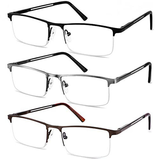 Picture of JJWELL 3 Pack Blue Light Reading Glasses for Men, Lightweight Metal Rectangle Semi Rimless Readers for Men, Anti Eyestrain/ Computer Glare/ UV, Half Frame Spring Hinge Eyeglasses with Pouches(4.00)