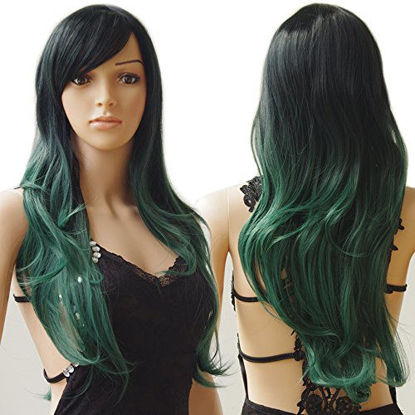 Picture of S-noilite Long Ombre Cosplay Hair Wigs Women Natural Wavy Heat Resistant Synthetic Dip Dye Full Wig with Bangs Colorful Party Costume (28inch, Black to Dark Green)