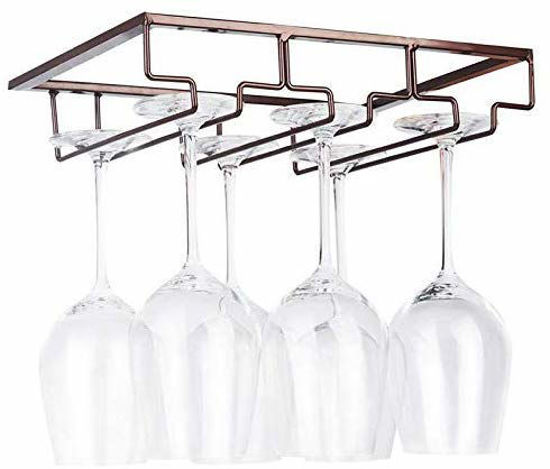 Picture of Wine Glass Rack - Under Cabinet Stemware Wine Glass Holder Glasses Storage Hanger Metal Organizer for Bar Kitchen Brown