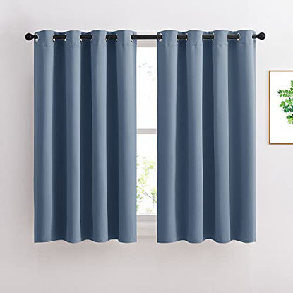 Picture of NICETOWN Short Window Curtains 45" L for Kitchen - Grommet Sunlight Reducing Solid Vertical Curtains and Drapes for Cafe & Home Office, Stone Blue, 52" Wide Per Panel, 1 Pair