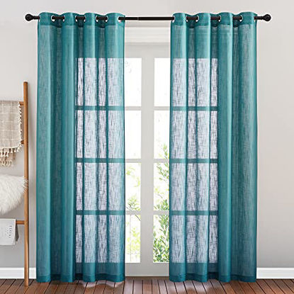 Picture of NICETOWN Linen Sheer Curtains 84" L for Living Room, Eyelet Top Semitransparent Sheer Vertical Drapes Causal Window Treatment for Porch/Sliding Door, W52 x L84, 2 Panels, Teal