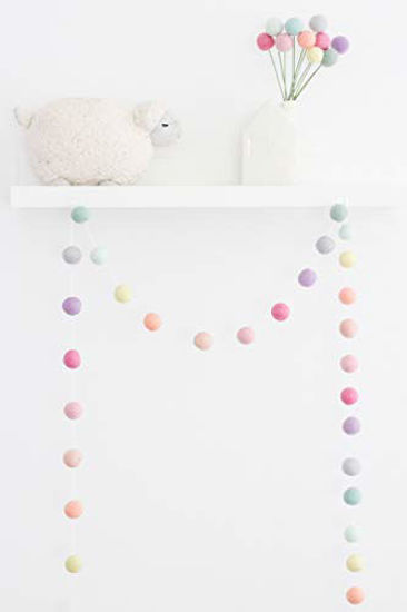 Picture of "Rainbow Sorbet" Adjustable Handmade Felt Ball Garland by Sheep Farm Felt- Pastel Pom Pom Garland. 28 felt balls. 7 feet long