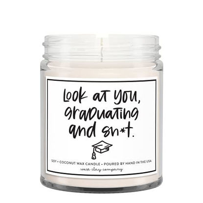 Picture of Look at You, Graduating Candle - Funny Graduation Gift - Cake + Sprinkles Scent - Natural Scented Soy + Coconut Blend Wax with Cotton Wick - Made in the USA - 8 oz