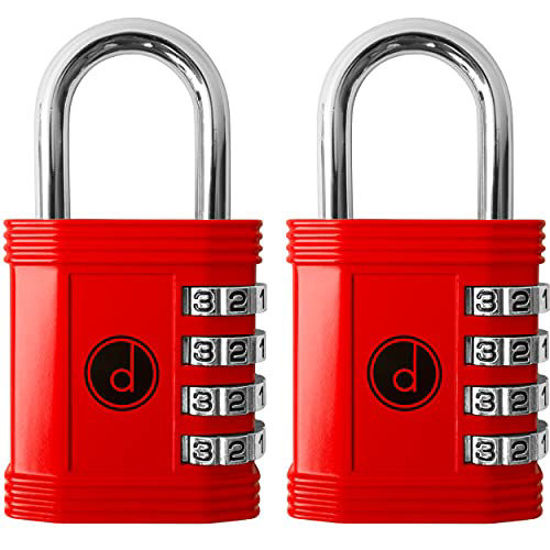 Picture of Padlock (2 Pack) 4 Digit Combination Lock - for Gym School Locker, Outdoor Gate, Shed, Fence, and Storage - Weatherproof Metal - Keyless, Easy to Set, Resettable - Red