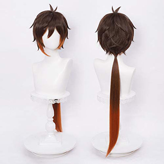 Picture of SL Brown Wig for Zhongli Genshin Impact Anime Spiky Fluffy Cosplay Hair Wigs with Ponytails + Cap