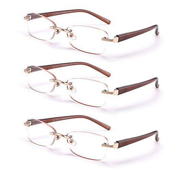 Picture of FEIVSN 3-Pack Rimless Reading Glasses For Women, Lightweight Spring Hinge Readers, Classic Elegant Artistic Eyeglasses UV 400 (Brown 3.0 Etc)