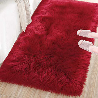 Picture of LOCHAS Ultra Soft Fluffy Rugs Faux Fur Sheepskin Area Rug for Bedroom Bedside Living Room Carpet Nursery Washable Floor Mat, 2x3 Feet Red